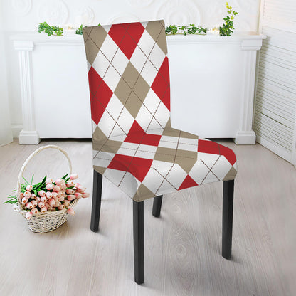 White Red And Beige Argyle Pattern Print Dining Chair Slipcover