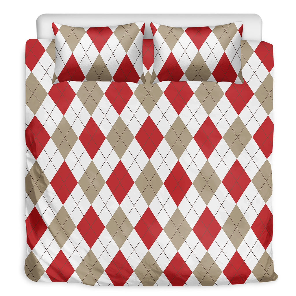 White Red And Beige Argyle Pattern Print Duvet Cover Bedding Set