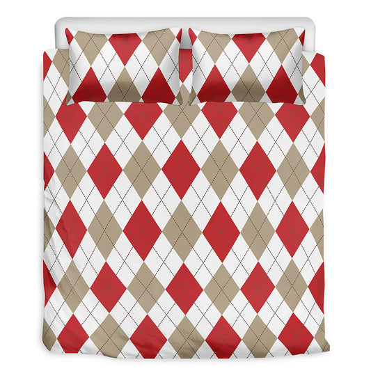 White Red And Beige Argyle Pattern Print Duvet Cover Bedding Set