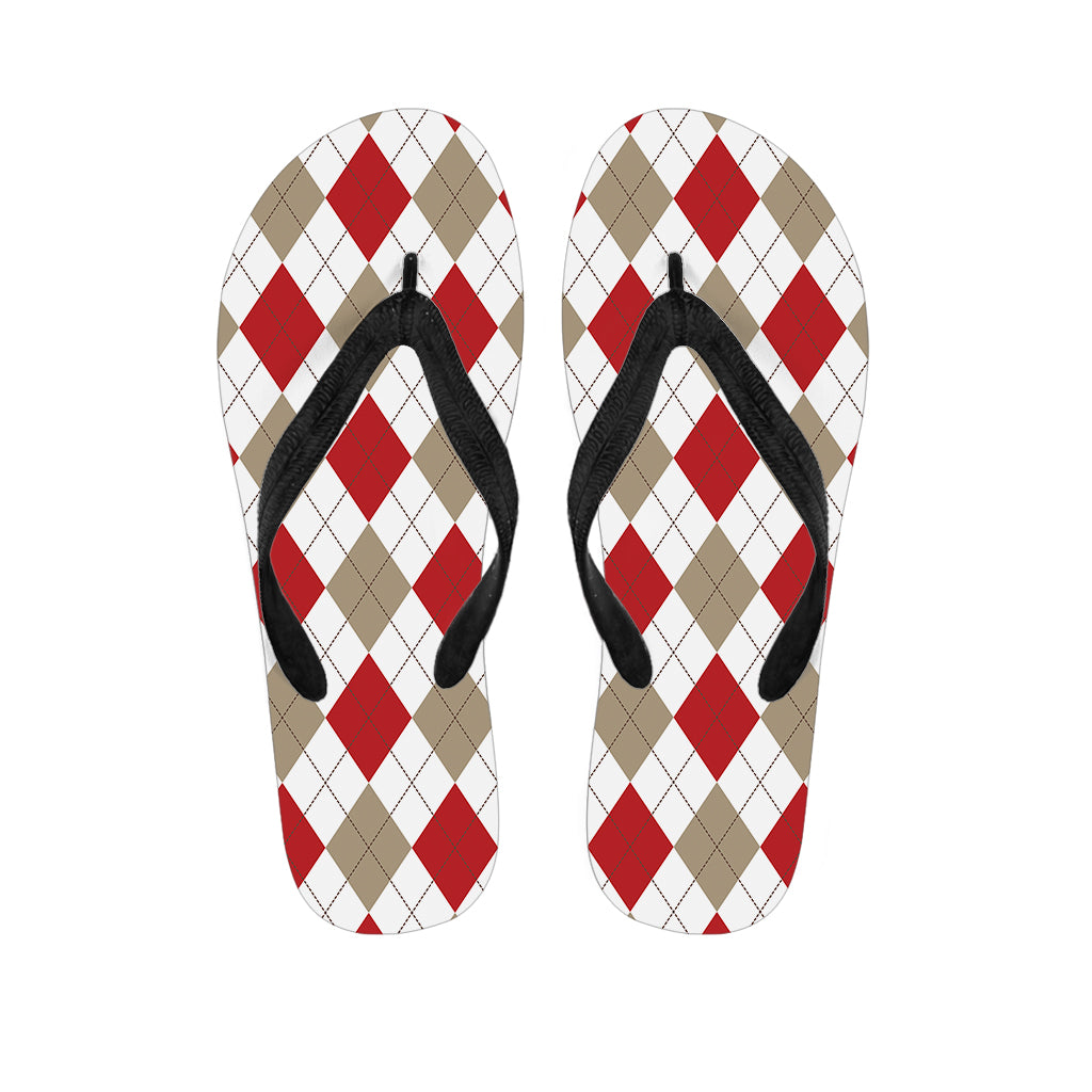 White Red And Beige Argyle Pattern Print Flip Flops