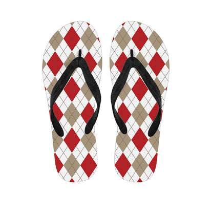 White Red And Beige Argyle Pattern Print Flip Flops