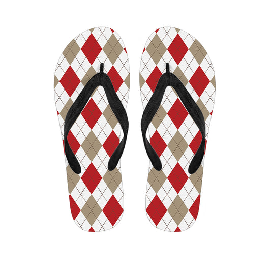 White Red And Beige Argyle Pattern Print Flip Flops