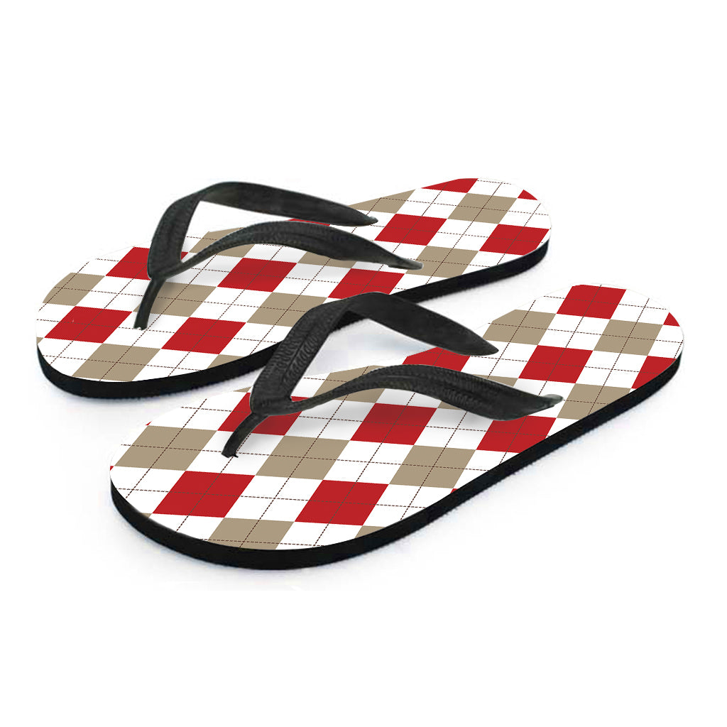 White Red And Beige Argyle Pattern Print Flip Flops