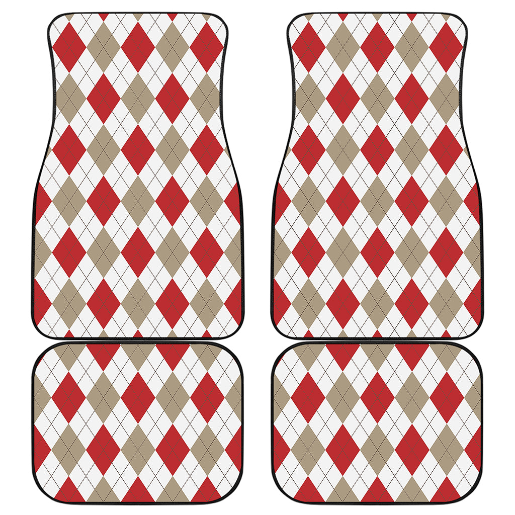 White Red And Beige Argyle Pattern Print Front and Back Car Floor Mats
