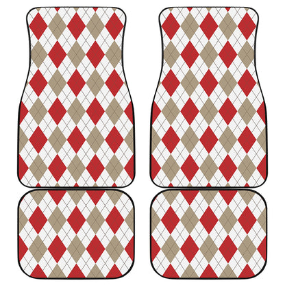 White Red And Beige Argyle Pattern Print Front and Back Car Floor Mats