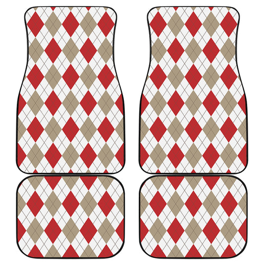 White Red And Beige Argyle Pattern Print Front and Back Car Floor Mats