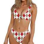 White Red And Beige Argyle Pattern Print Front Bow Tie Bikini
