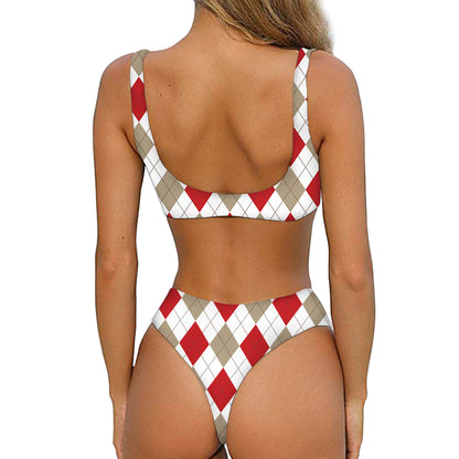 White Red And Beige Argyle Pattern Print Front Bow Tie Bikini