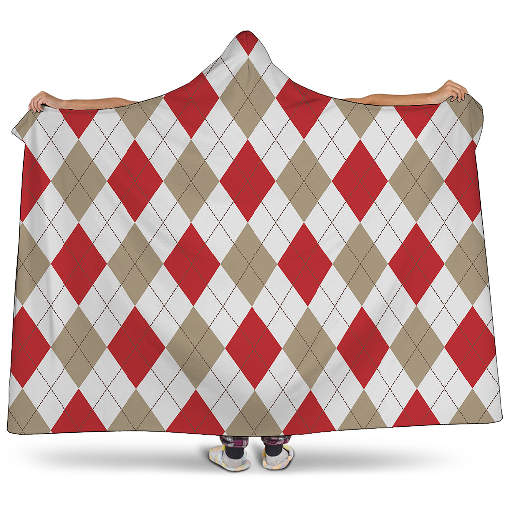 White Red And Beige Argyle Pattern Print Hooded Blanket