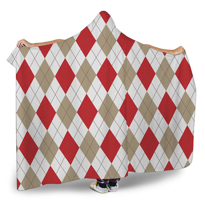 White Red And Beige Argyle Pattern Print Hooded Blanket