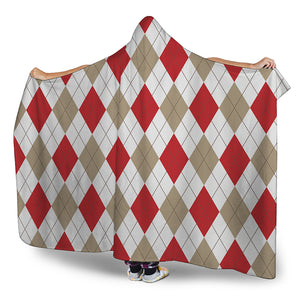 White Red And Beige Argyle Pattern Print Hooded Blanket