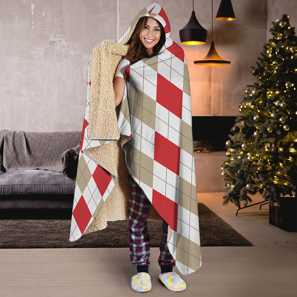 White Red And Beige Argyle Pattern Print Hooded Blanket