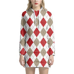 White Red And Beige Argyle Pattern Print Hoodie Dress