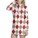 White Red And Beige Argyle Pattern Print Hoodie Dress