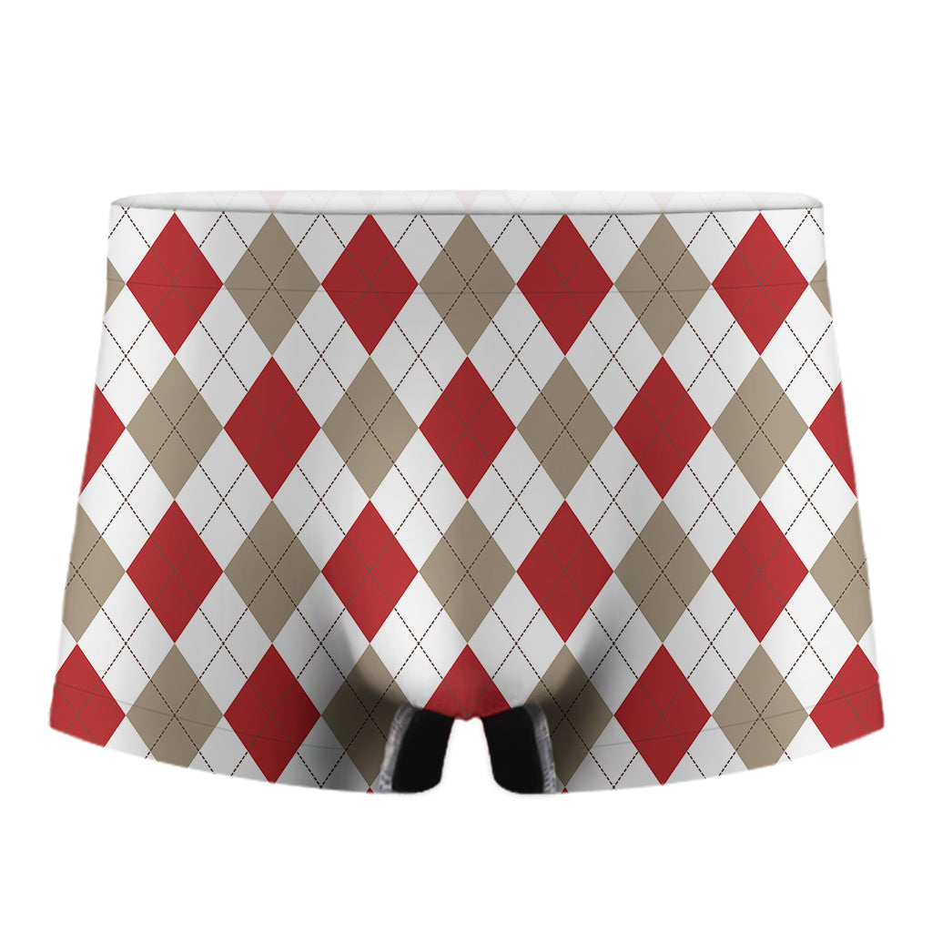 White Red And Beige Argyle Pattern Print Men's Boxer Briefs