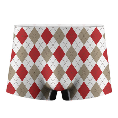 White Red And Beige Argyle Pattern Print Men's Boxer Briefs