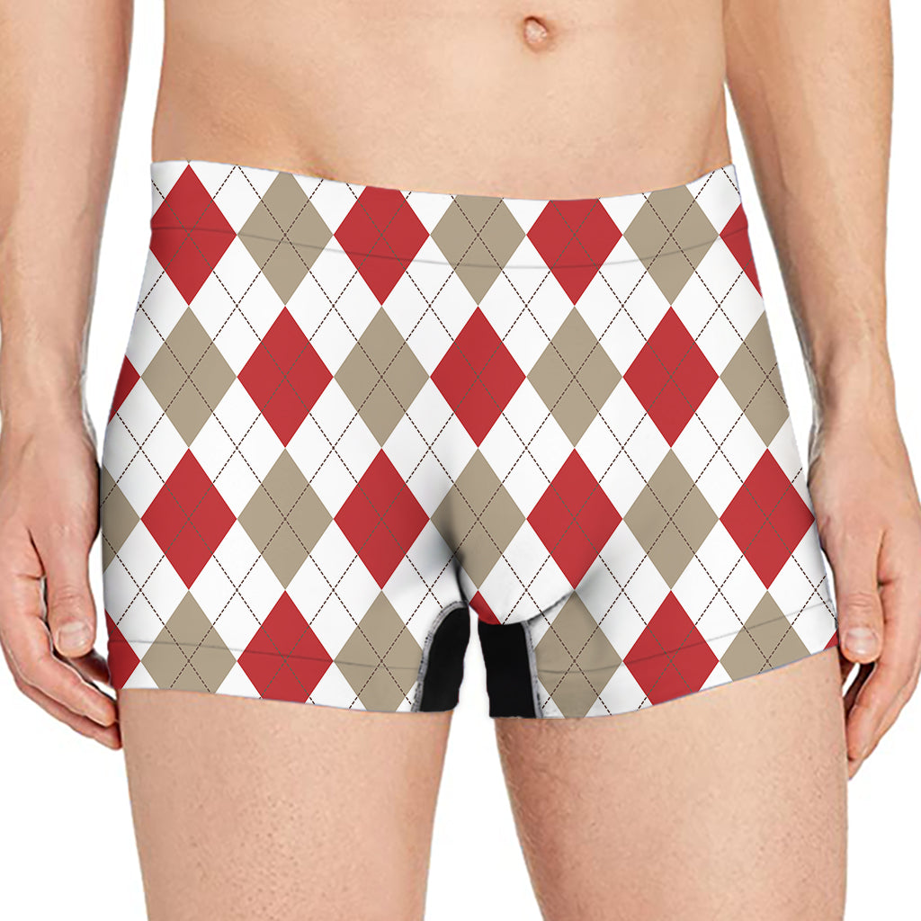 White Red And Beige Argyle Pattern Print Men's Boxer Briefs