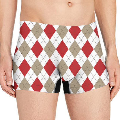 White Red And Beige Argyle Pattern Print Men's Boxer Briefs