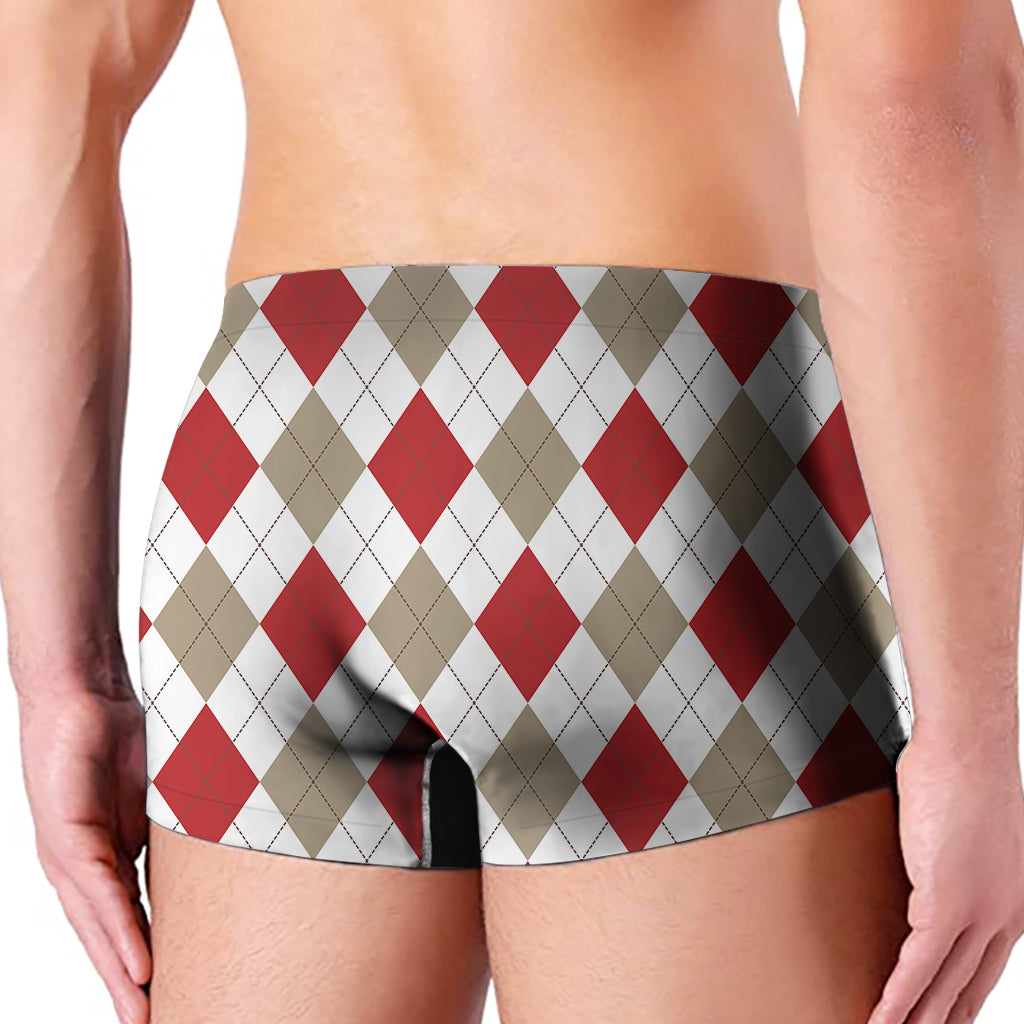 White Red And Beige Argyle Pattern Print Men's Boxer Briefs