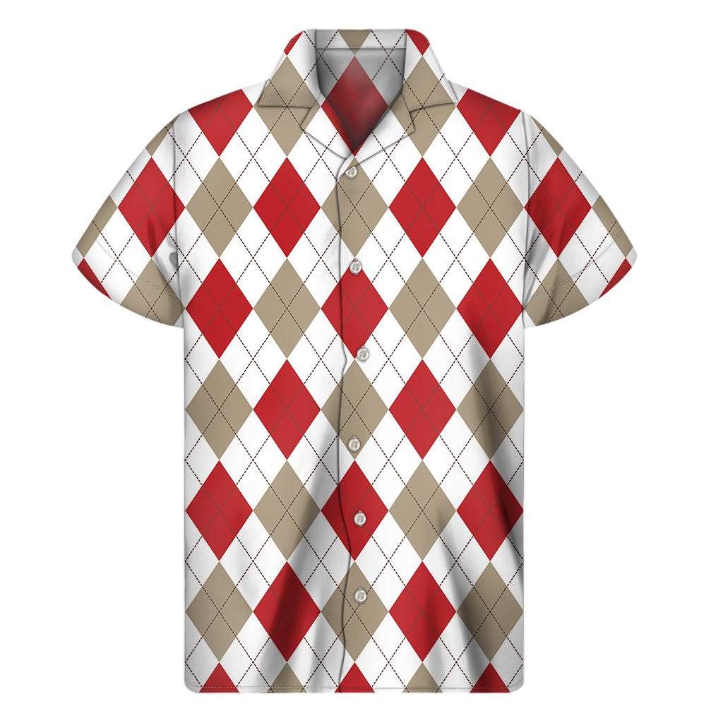 White Red And Beige Argyle Pattern Print Men's Short Sleeve Shirt