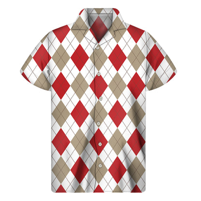 White Red And Beige Argyle Pattern Print Men's Short Sleeve Shirt