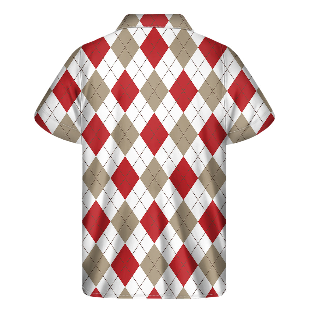 White Red And Beige Argyle Pattern Print Men's Short Sleeve Shirt