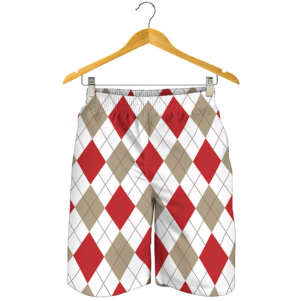 White Red And Beige Argyle Pattern Print Men's Shorts