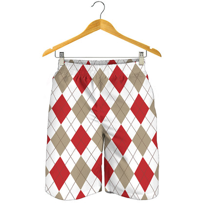 White Red And Beige Argyle Pattern Print Men's Shorts