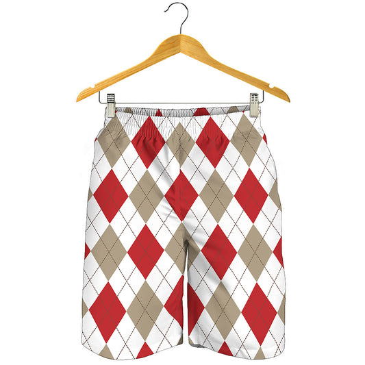 White Red And Beige Argyle Pattern Print Men's Shorts