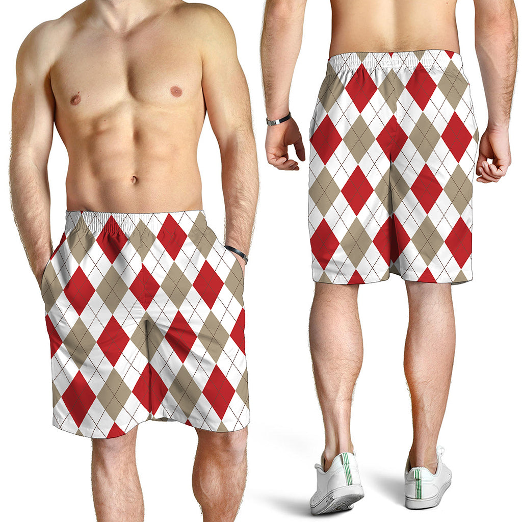 White Red And Beige Argyle Pattern Print Men's Shorts