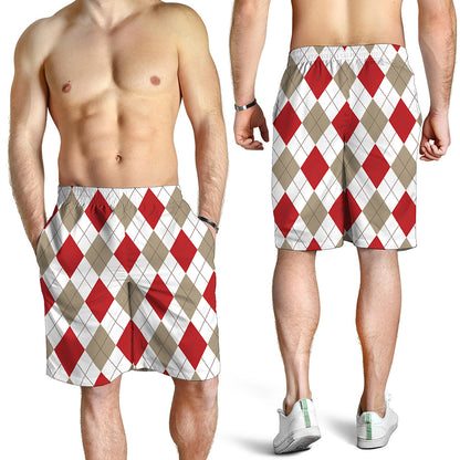 White Red And Beige Argyle Pattern Print Men's Shorts