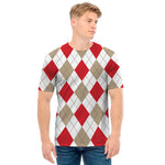 White Red And Beige Argyle Pattern Print Men's T-Shirt