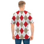 White Red And Beige Argyle Pattern Print Men's T-Shirt