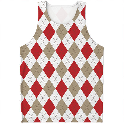 White Red And Beige Argyle Pattern Print Men's Tank Top