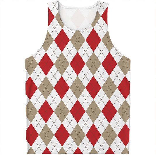 White Red And Beige Argyle Pattern Print Men's Tank Top
