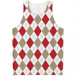 White Red And Beige Argyle Pattern Print Men's Tank Top