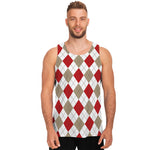 White Red And Beige Argyle Pattern Print Men's Tank Top