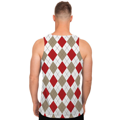 White Red And Beige Argyle Pattern Print Men's Tank Top