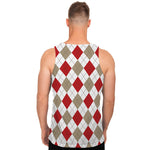 White Red And Beige Argyle Pattern Print Men's Tank Top