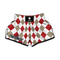White Red And Beige Argyle Pattern Print Muay Thai Boxing Shorts