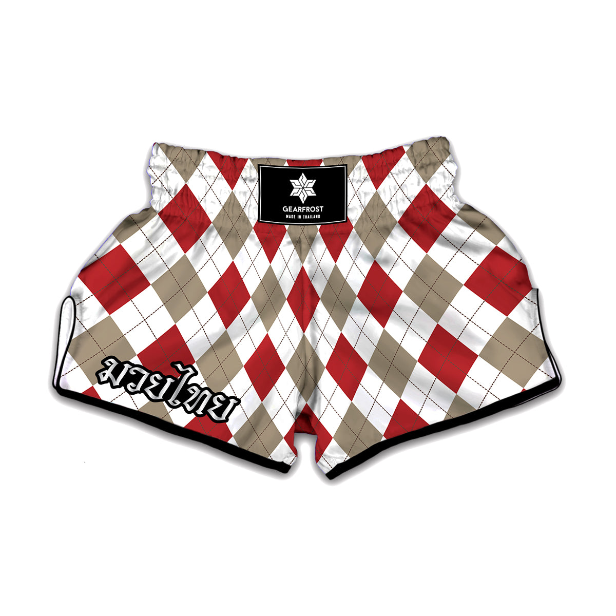 White Red And Beige Argyle Pattern Print Muay Thai Boxing Shorts