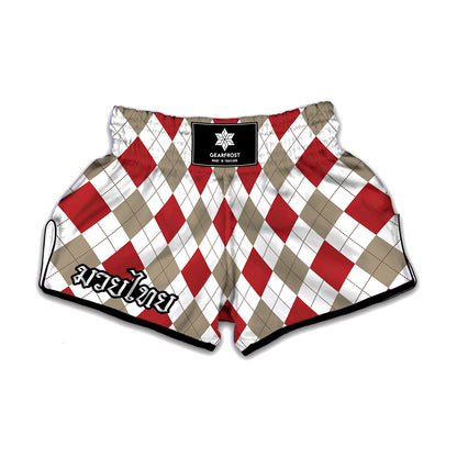 White Red And Beige Argyle Pattern Print Muay Thai Boxing Shorts