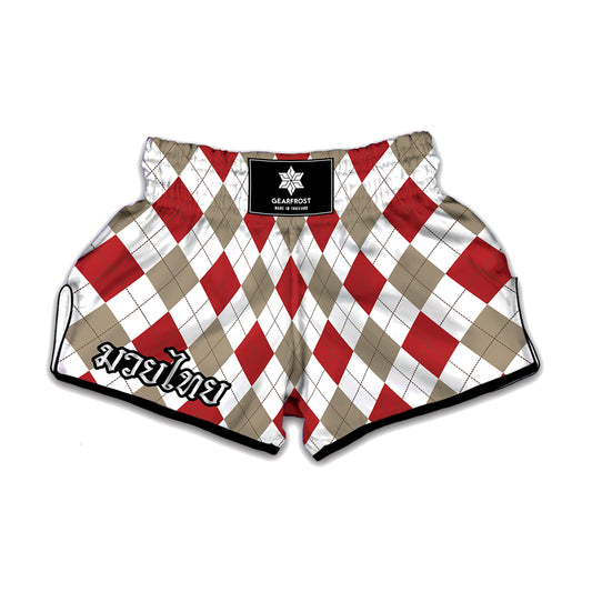 White Red And Beige Argyle Pattern Print Muay Thai Boxing Shorts