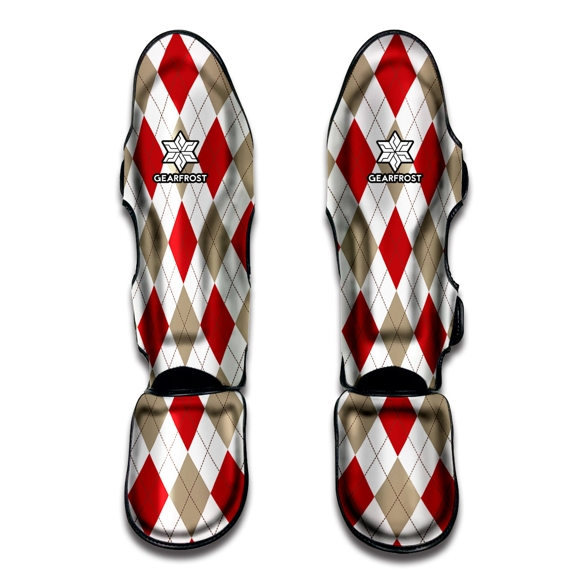 White Red And Beige Argyle Pattern Print Muay Thai Shin Guard