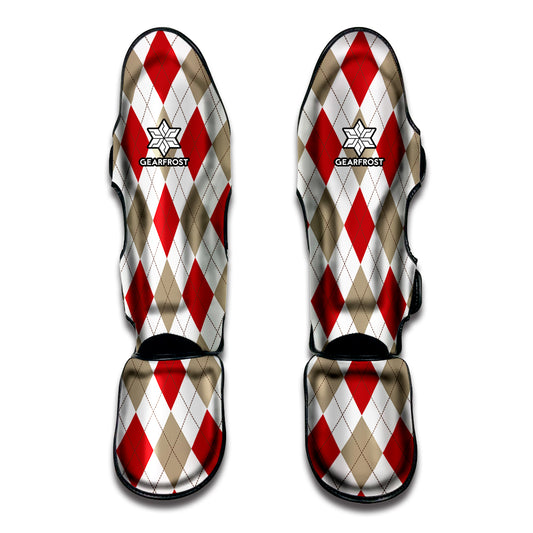 White Red And Beige Argyle Pattern Print Muay Thai Shin Guard