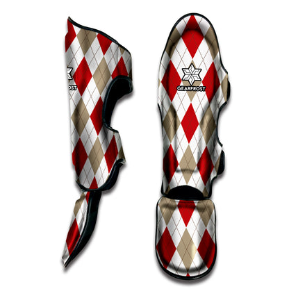White Red And Beige Argyle Pattern Print Muay Thai Shin Guard