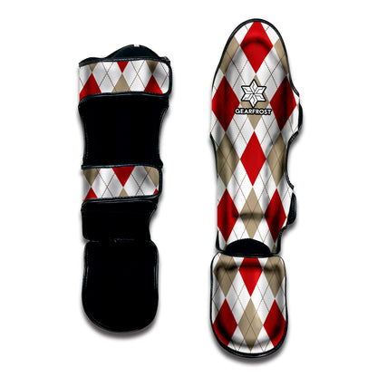 White Red And Beige Argyle Pattern Print Muay Thai Shin Guard