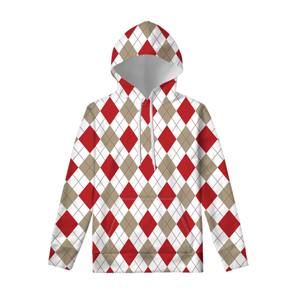 White Red And Beige Argyle Pattern Print Pullover Hoodie