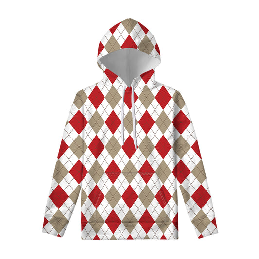 White Red And Beige Argyle Pattern Print Pullover Hoodie