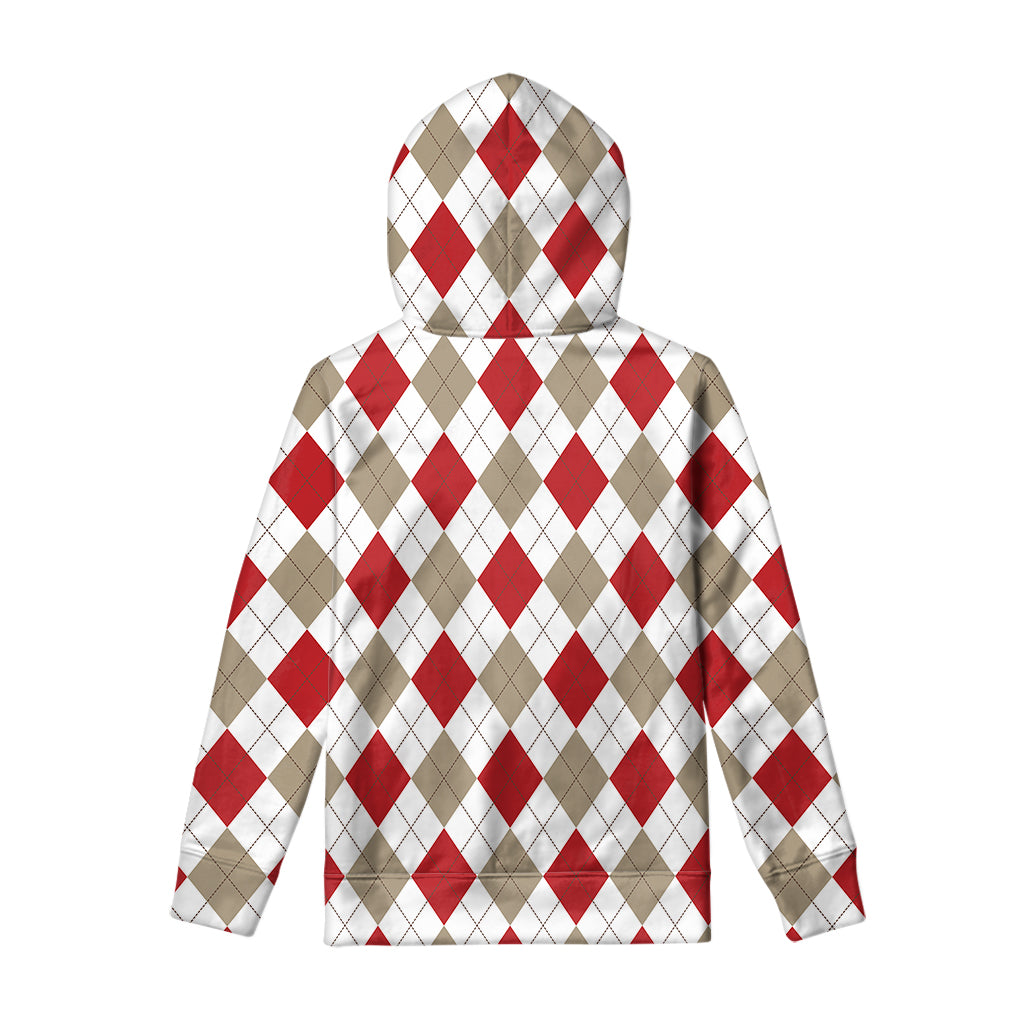 White Red And Beige Argyle Pattern Print Pullover Hoodie
